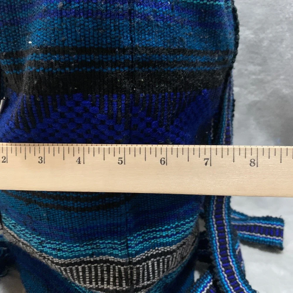 Lillo Woven Drug Rug Backpack Blue Black Striped Boho Drawstring Rucksack